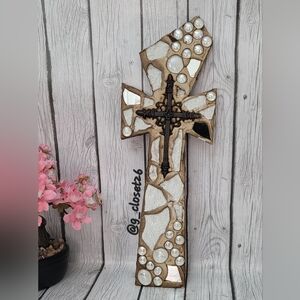 Elegant White and Tan Mosaic Cross Wall Decor